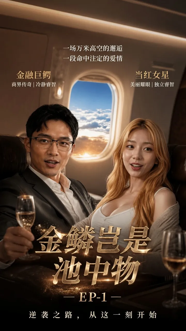 黄果短剧主推职场逆袭题材海报，男女主角在机舱内举杯对望