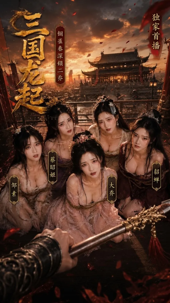 黄果短剧古装宅斗题材海报，深宅中的女眷群像与金色标题
